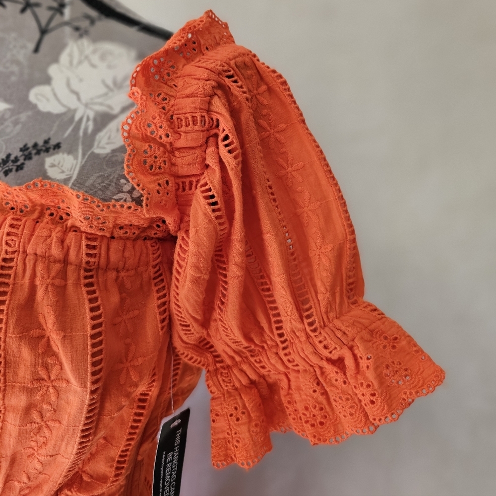 Venus Off The Shoulder Lace Eyelet Dress NWT Orange Sz. 4 - Picture 5 of 12